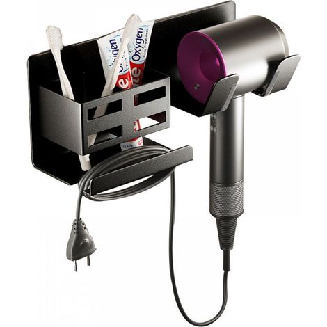 Support de sèche-cheveux noir, sans perçage, avec gestion des câbles, support mural pour sèche-cheveux, adapté au rangement de la salle de bain, de la chambre à coucher, de l'hôtel (1/5)