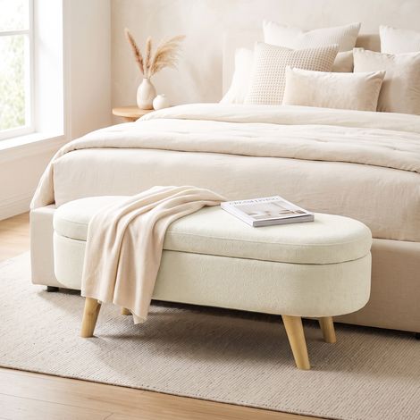 Banc Banquette, Bout de Lit, Coffre de Rangement 2 en 1 en Tissu avec Pieds en Bois, 110L x 40P x 43H cm, Crème (1/5)