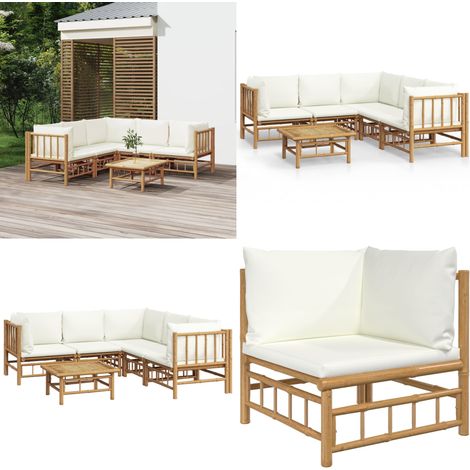6-tlg. Garten-Lounge-Set mit Cremeweißen Kissen Bambus - Bambus Möbel - Gartenloungeset - Outdoor Möbel - Esstisch - Wohnzimmergarnitur - Home & Living (1/5)