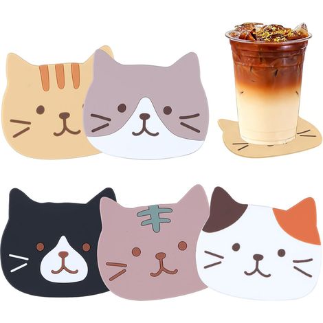 Set di 5 sottobicchieri in silicone a forma di gatto, simpatici sottobicchieri decorativi riutilizzabili, antiscivolo per bevande, tazze e bicchieri. (1/5)