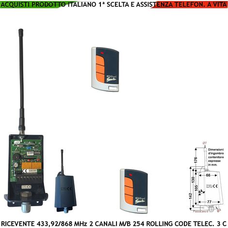 Kit Ricevente Radio Con Antenna Fr. 433,92 MHz Due Radiocomando Apprende 254 Rolling Code Oppure 1 Codice Fisso Un Sistema Esclude l'altro Uscita 2 Relè Mono o Bistabili Aliment. 12/24 Vac Prot. IP55 (1/4)