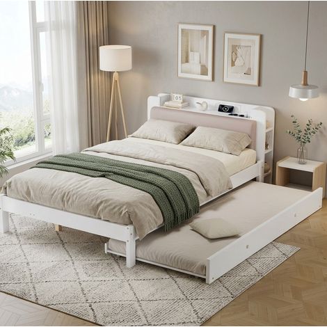 Letto a scomparsa 120x200 cm con letto estraibile 90x190 cm, testiera imbottita, bianco HAVRYA (1/5)