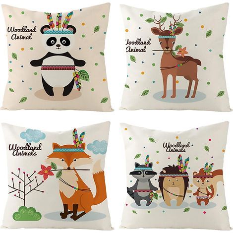 Housses de Coussin Lin, Animaux de Dessin animé coloré, Décoratif Canapé Taie d'oreiller Decoration Canapé d'extérieur pour Chambre, Chambre d'enfants, Chaise, Lit, Jardin 45x45CM, Set de 4 (1/5)