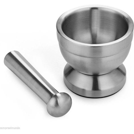 Molinillo de ajo doble de acero inoxidable, mortero y maja de metal para sal, prensador de ajo, tarro de especias para hierbas, pimienta y especias. (1/5)
