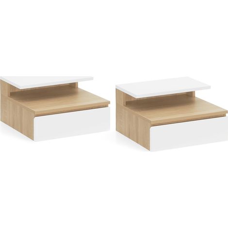 Idmarket – Lot de 2 tables de chevet murales – 1 tiroir 34 x 24,5 x 7,5 cm – Tablette supérieure 40 x 24 cm – Bois effet hêtre et blanc