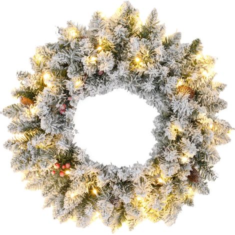 Couronne de Noël artificielle pour porte, 60 cm de long, avec pommes de pin et grappes de baies, lumières LED et minuterie verte (1/5)