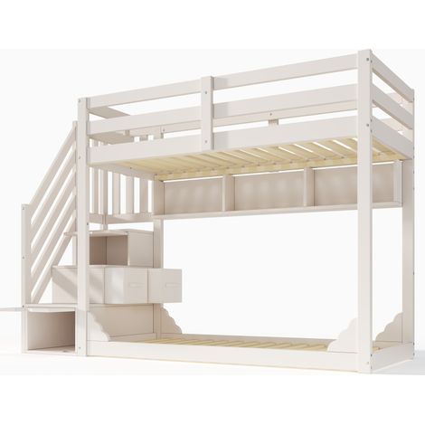 Litera infantil 90x200 cm blanca con escalera y almacenaje, madera, HOMVRA (1/5)