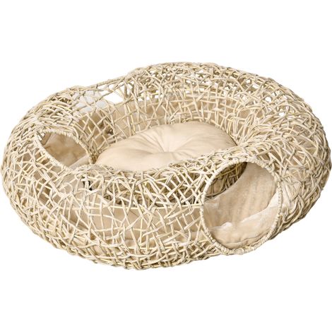 Panier pour chat en rotin 78 x 69 x 22 cm, panier pour chat dodu avec coussin moelleux, 3 ouvertures, tunnel pour chat, bois naturel (1/5)