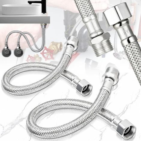 2 Pièces Flexible Robinet en Acier Inoxydable Écrou de Raccord 3/8" x Filetage Extérieur 3/8", Tuyau tressé acier inox Flexible sanitaire robinet d'angle, lavabo, cuisine, salle de bain 30CM (1/5)