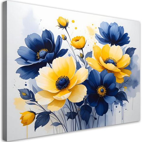 Impression sur Toile, Fleurs bleues et jaunes dans une aquarelle joyeuse,30x20