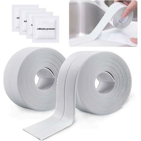 2 Rouleaux Bande Etancheite Autocollante Imperméable,PVC Ruban Adhesif de Scellage Mural,Douche,Toilette,Cuisine,Salle de Bains (Blanc) (1/4)