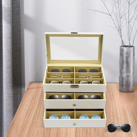 Brillen-Aufbewahrungsbox mit Schloss und 18 Slots  Große Kapazität  Langlebiges MDF  Modisches Design  Ideal für Brillen, Uhren, Schmuck  Perfekt für Zuhause und Ausstellungen