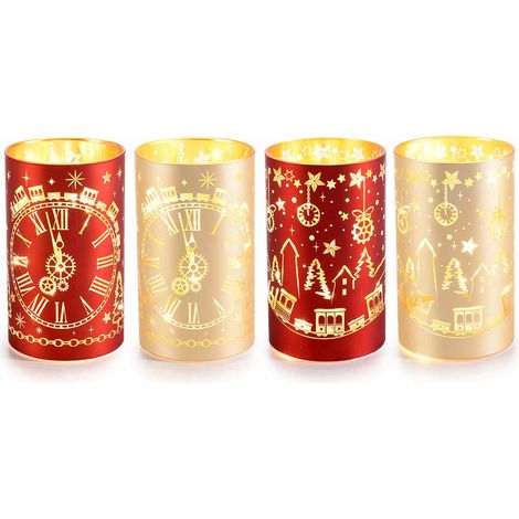 Lampade natalizie cilindriche in vetro decorato con luci LED, set da 4 pezzi, Ø 9 cm x 15 H