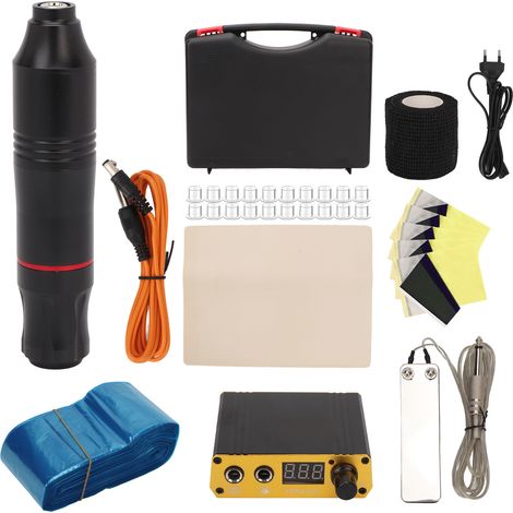 Stylo à tatouer hexagonal noir à double anneau en boîte + kit d'alimentation électrique noir et or pour tatouage, kit de stylo machine à tatouer, kit d'entraînement au tatouage pour débutants, norme e (1/5)