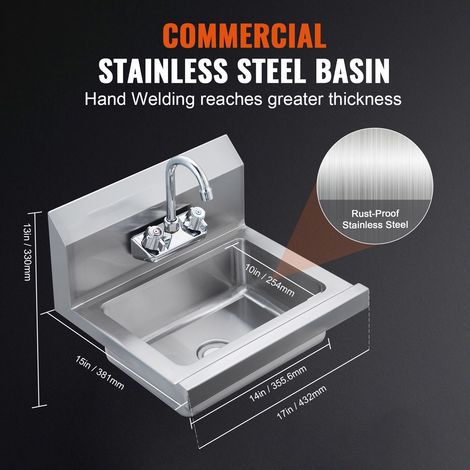 Lavabo à main professionnel inox robinet, petit bac lavage mural utilitaire pour restaurant cuisine bar garage maison 43 x 32.5 cm (1/5)
