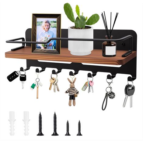 Wooden Wall Key Ring with 7 Hooks Decorative Wooden Key Ring with Shelf Organizer for Entryway, Hallway, Bedroom, Living Room (Black) (1/5)