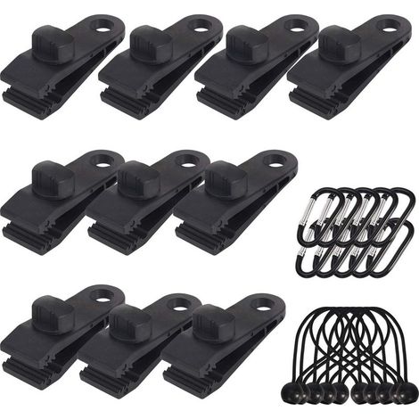 Lot de 10 Clips de bâche Support de bâche pour extérieur avec Attache en Toile et Cordon élastique + Mousqueton en Forme de D pour bâches, auvents, Camping, Caravane, couvertures de Voiture (1/5)