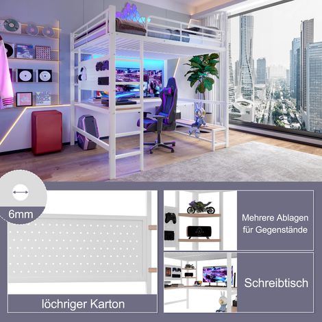Lit mezzanine, 140 x 200 cm, structure en fer, bureau, rambarde, échelle, étagères multiples, prises USB et Type-C, bande LED, panneau perforé, matelas non inclus, blanc (1/5)