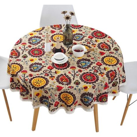 Mantel redondo,Mantel con estampado floral,Apto para cocina y comedor,Decoración de mesa,140 cm (1/4)