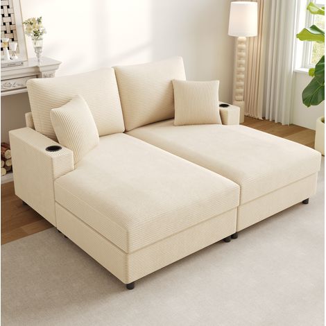 Canapé-lit 2 places avec fonction couchage 163 x 140 x 82 cm velours côtelé beige HAVRYA (1/5)