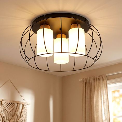 Deckenleuchte Deckenlampe Wohnzimmerlampe Metall schwarz Holz Eiche Glas D 50 cm
