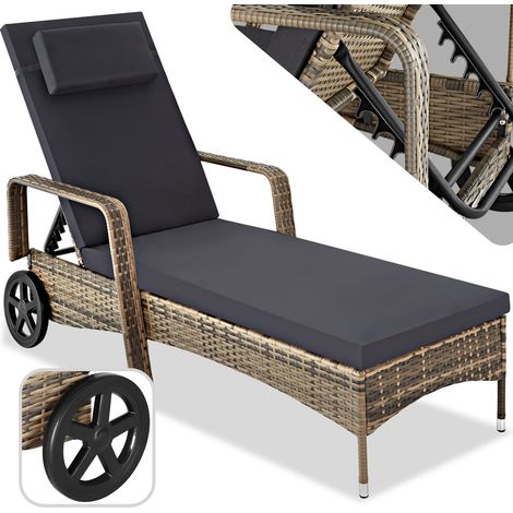 Sonnenliege Rattan mit Rollen - Gartenliege, Liegestuhl, Relaxliege - natur/dunkelgrau (1/5)