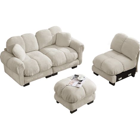 Sofá rinconero en L de 3 plazas en chenilla con pouf móvil y 2 cojines decorativos, beige claro (1/5)