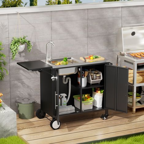 Table de cuisson avec évier, îlot cuisine rabattable, armoire métal de rangement, chariot barbecue mobile à roulettes pour jardin, terrasse, pelouse