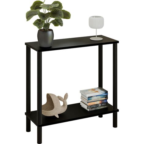Consola tipo loft con estante de 80x30x80 cm, de metal negro, para el recibidor. (1/5)