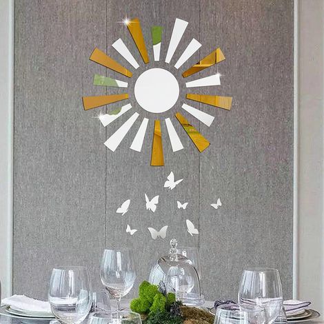 Sticker mural miroir amovible acrylique argent/or, déco maison DIY, motifs soleil et papillon, facile à poser (1/5)