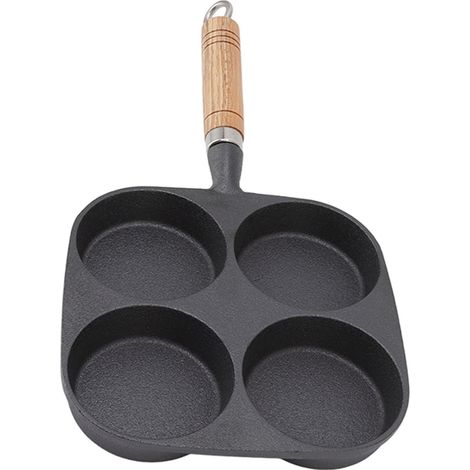 Poêle à œufs 4 tasses avec manche en bois pour crêpes, omelettes et autres préparations pour le petit-déjeuner (1/5)
