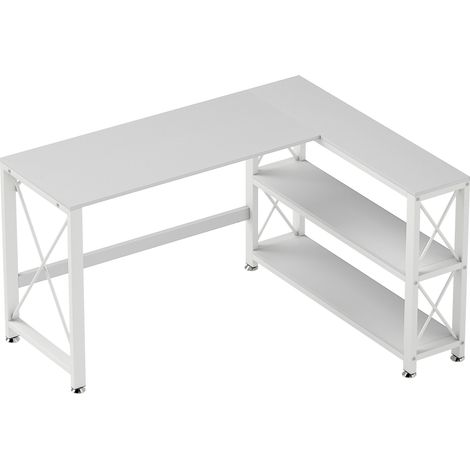 Bureau d'angle modulable réversible blanc, 135x110x75cm, avec étagère de rangement et cadre métallique, bureau ajustable et espace de travail optimisé. (1/5)