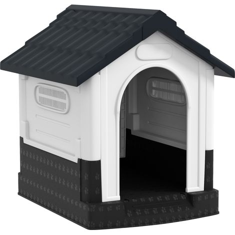 Cuccia cane plastica piccola esterna, 3 finestre, base rialzata, tetto inclinato, 64,5x57x66 cm, grigio scuro
