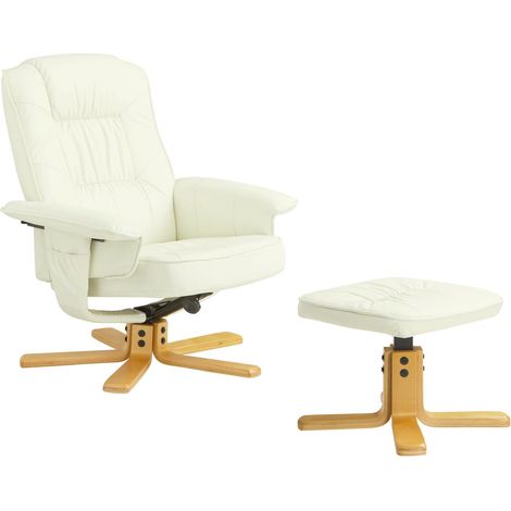 Idimex – Fauteuil relax pivotant 360° avec repose-pieds – Dossier inclinable – Rembourrage généreux – Poches de rangement latérales – Synthétique blanc ivoire