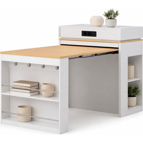 ELVMI Küchenbuffet mit klappbarer Tischplatte, 1 Schublade und Glastüren, integrierten Steckdosen, 83 x 46-146.5 x 96 cm (1/5)