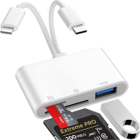 Lecteur de carte SD 3-en-1 pour iPhone avec connecteur Lightning – Compatible iOS, lecture/écriture rapide, design compact et plug-and-play (1/5)