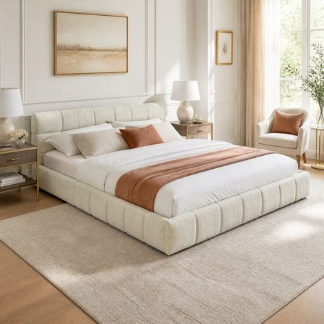 Lit double 140 x 200 cm en chenille, cadre en bois et métal, beige DESVIAE (1/5)