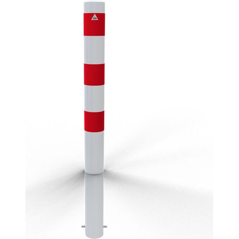 Schake Absperrpfosten ortsfest aus Stahlrohr verzinkt Ø108x2,9mm weiß mit rot reflektierenden Leuchtstreifen, zum Einbetonieren und Stahlkappe 900mm Überflur