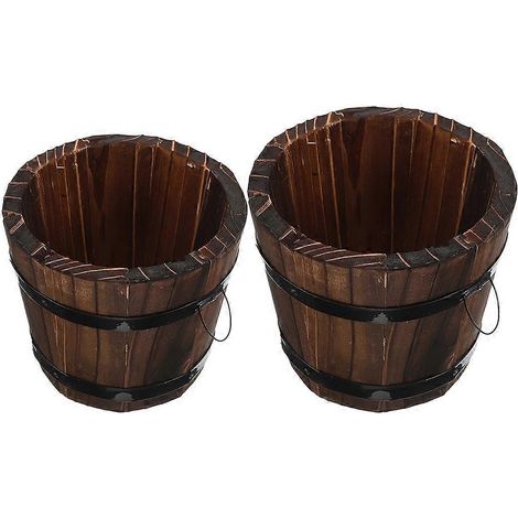 Ensemble de tonneau et de pot de fleurs en bois (2 pièces), pots de fleurs élégants, adaptés aux jardiniers, design marron, améliore la circulation de l'air et prévient la pourriture des racines. (1/5)