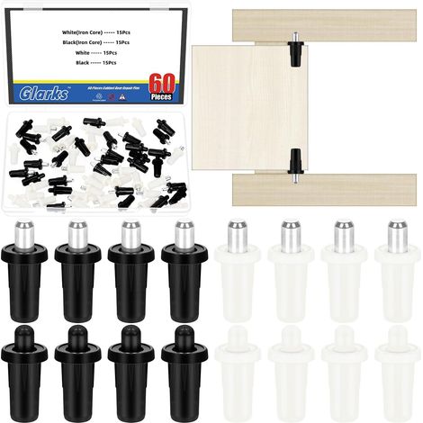 Lot de 60 goupilles de réparation de porte d'armoire, goupilles de réparation noires et blanches pour volet de porte, goupilles à ressort pour porte d'armoire de cuisine, 8 x 25 mm / 0.31 x (1/5)