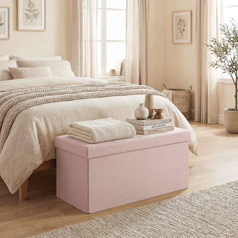 Pouf contenitore, panca contenitore pieghevole 84 L 76x38x38 cm rivestita in lino sintetico rosa.