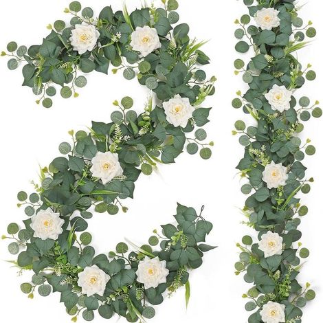 GDHZS- Lot de 2 guirlandes d'eucalyptus artificielles-1,9m-Feuilles vertes-Décoration avec fleurs blanches-Vigne d'eucalyptus-Pour arrière-plan de mariage (1/5)