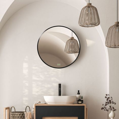 Miroir Mural Rond Ø50cm Cadre Aluminium Noir IP44 Salle de Bain Chambre Salon