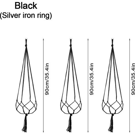 (Lot de 3 noirs) Pots de fleurs suspendus, paniers et vases avec crochet, suspensions créatives en macramé pour plantes. Filet pour pots de fleurs suspendus. (1/4)