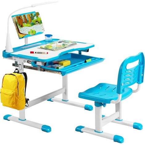 COSTWAY Set Escritorio y Silla para Niños Altura Regulable Mesa para Estudiar y Silla con Atril para Libros (Azul) (1/5)