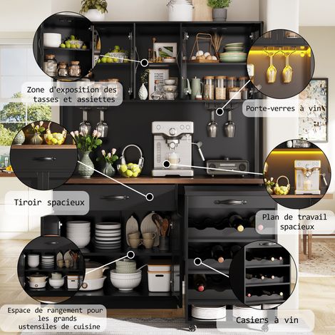 Armoire de cuisine 140 cm avec chariot roulant, armoire haute avec éclairage LED, buffet garde-manger avec porte-verres à vin et range-bouteilles, meuble buffet éclairé pour salon et salle à manger (1/5)