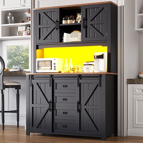 Buffet de Cuisine - Éclairage LED - Portes Coulissantes - Noir/Blanc (1/4)