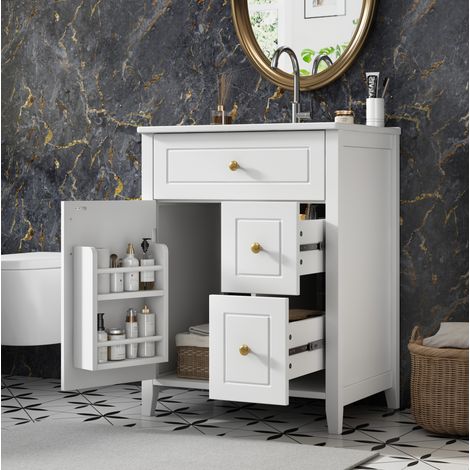 MODFU – Mobile sotto lavabo con piedini 61x47x87 cm in MDF/ceramica con lavabo, cassetti, anta, chiusura ammortizzata e carico 50 kg – Bianco (1/5)