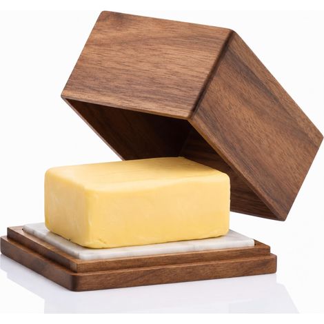 Beurrier en acacia avec plateau en marbre – Pour beurre délicat (250 g) – Cloche à beurre design – Passe au lave-vaisselle (1/5)
