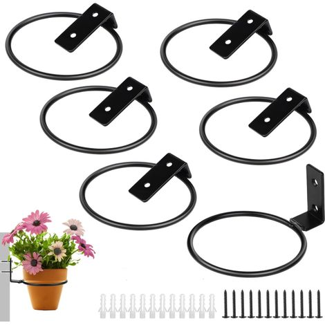 6 x Porte Plante Mural Interieur Exterieur Noir Pliable, Support Mural pour Pots 4 Pouces (Ø10cm), PortePots Anneau en Métal avec Vis